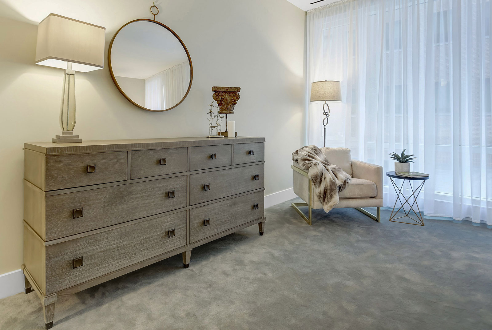 model-staging-walnut-pa-bedroom-interior-design-dreser-and-mirror